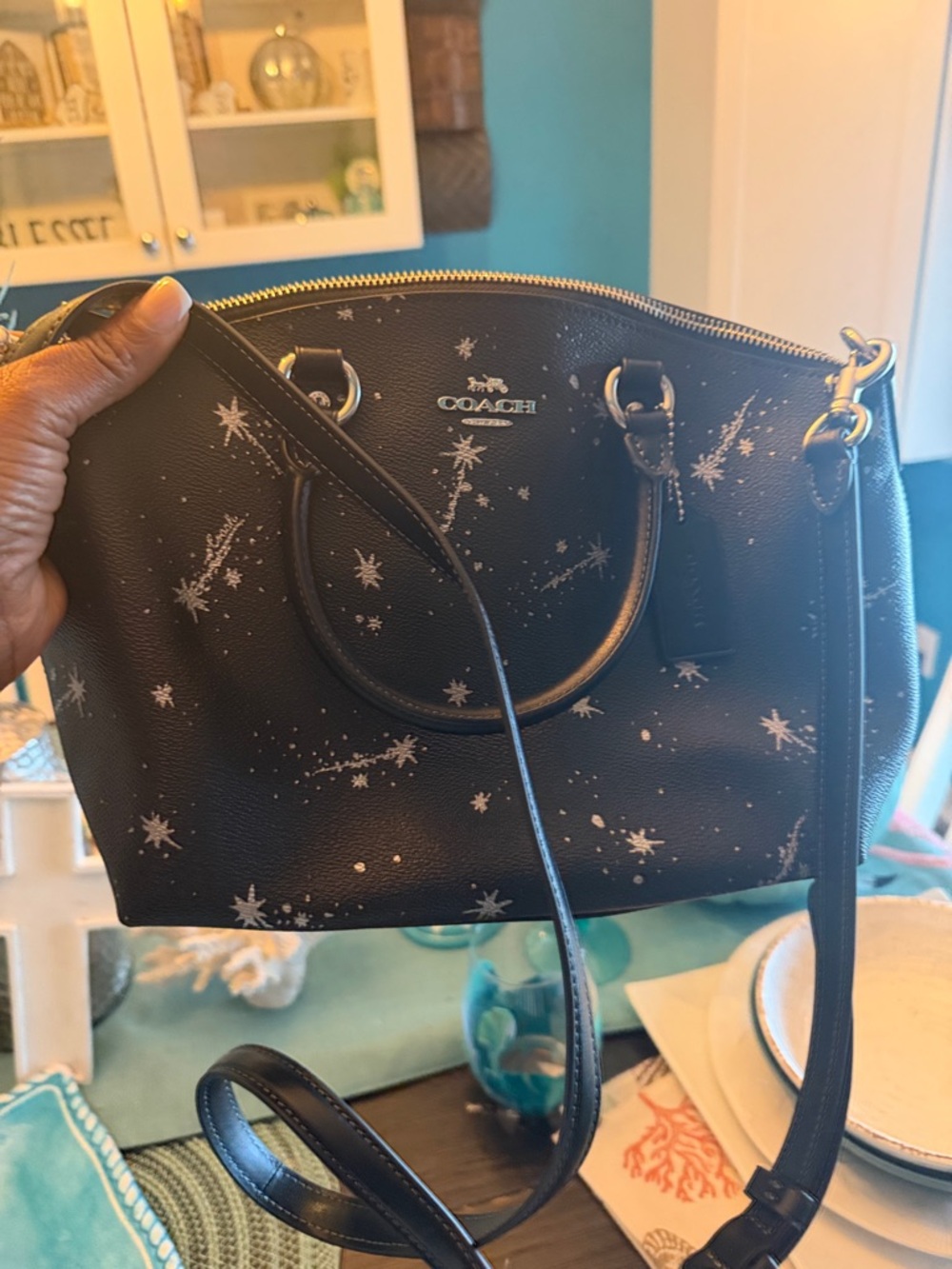Coach Black Leather Star-Print Satchel - Picture 3 of 8